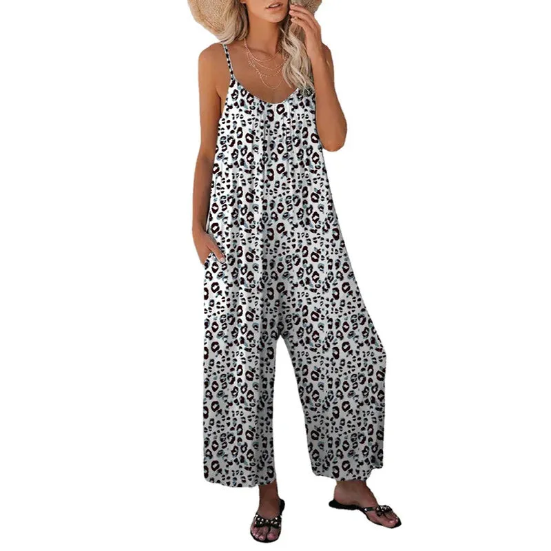Women's Pants Cross Border Leopard Pattern Pocket Loose Casual Strap Jumpsuit