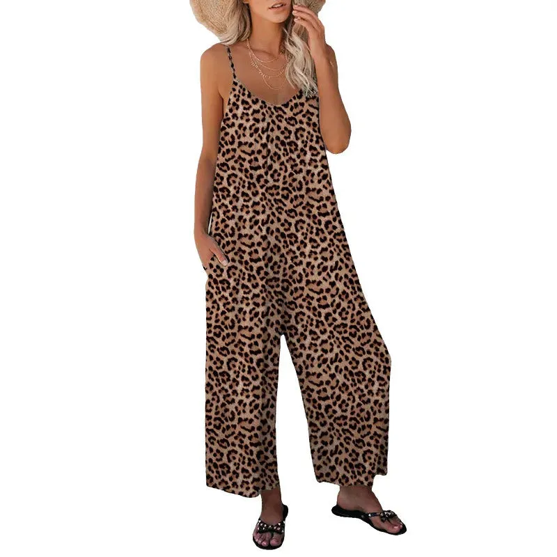 Women's Pants Cross Border Leopard Pattern Pocket Loose Casual Strap Jumpsuit