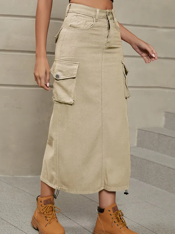 Women's Solid Color Side Drawstring Cargo Skirt