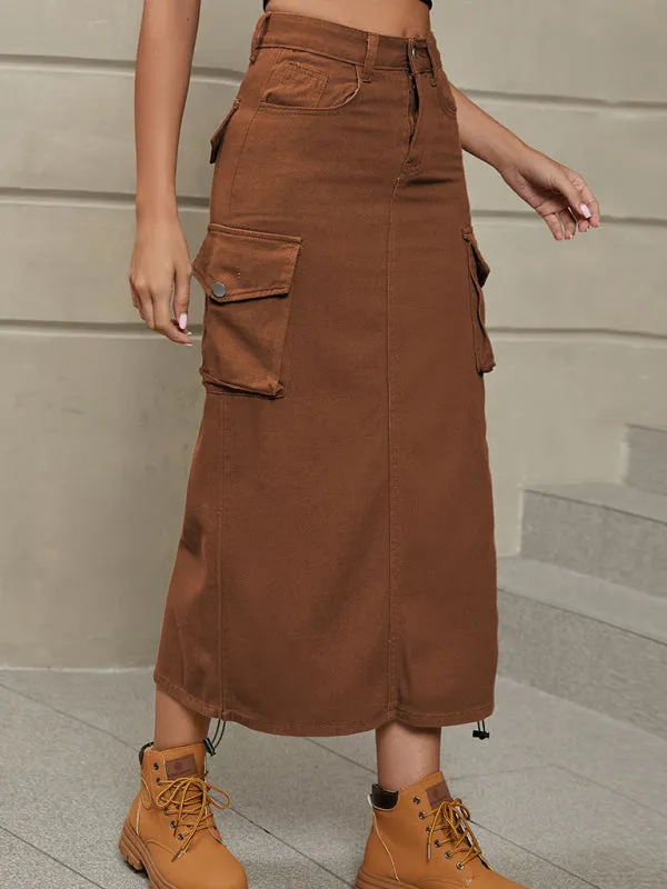 Women's Solid Color Side Drawstring Cargo Skirt