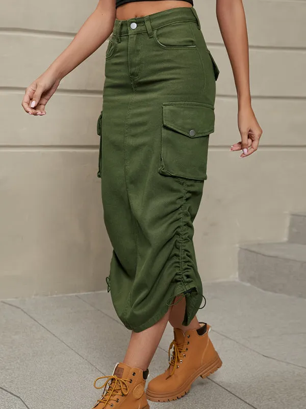 Women's Solid Color Side Drawstring Cargo Skirt