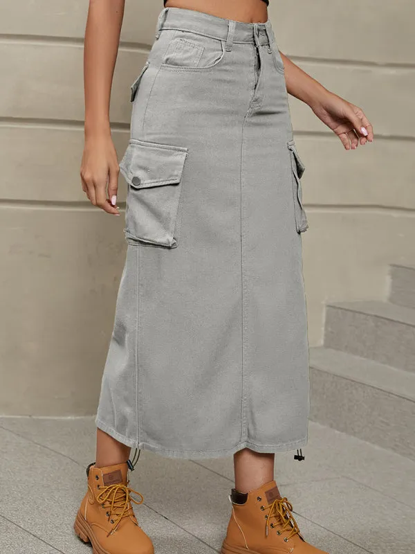 Women's Solid Color Side Drawstring Cargo Skirt