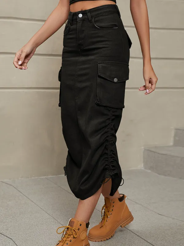 Women's Solid Color Side Drawstring Cargo Skirt