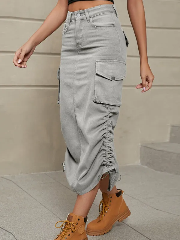Women's Solid Color Side Drawstring Cargo Skirt