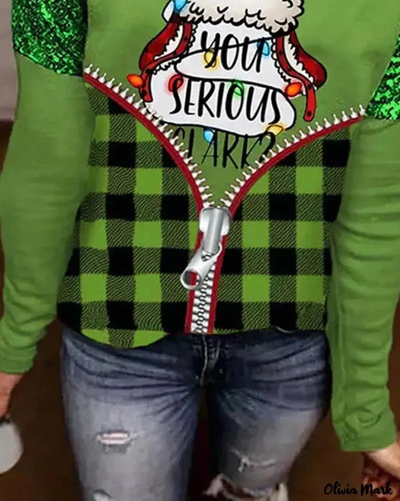 Xieyinshe - Contrast Plaid and Sequin Long Sleeve Christmas Top