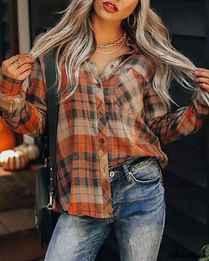 Xieyinshe - Plaid Print Long Sleeve Button-Up Shirt