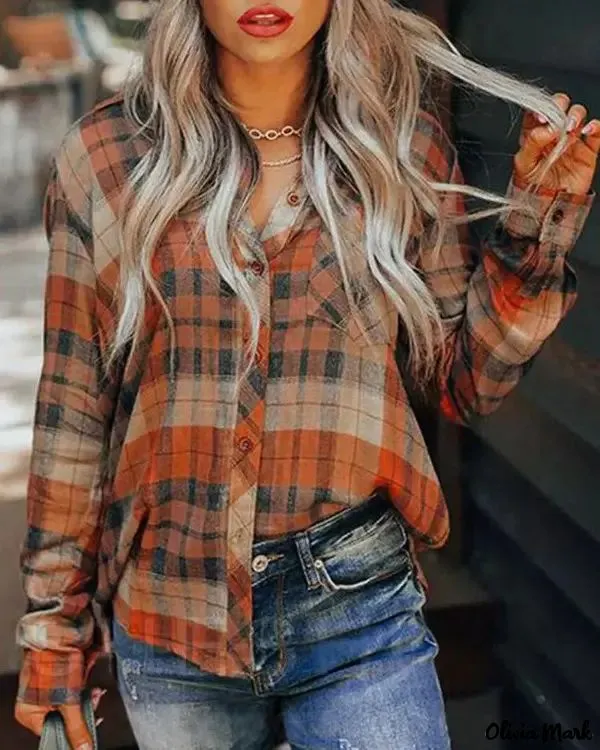 Xieyinshe - Plaid Print Long Sleeve Button-Up Shirt
