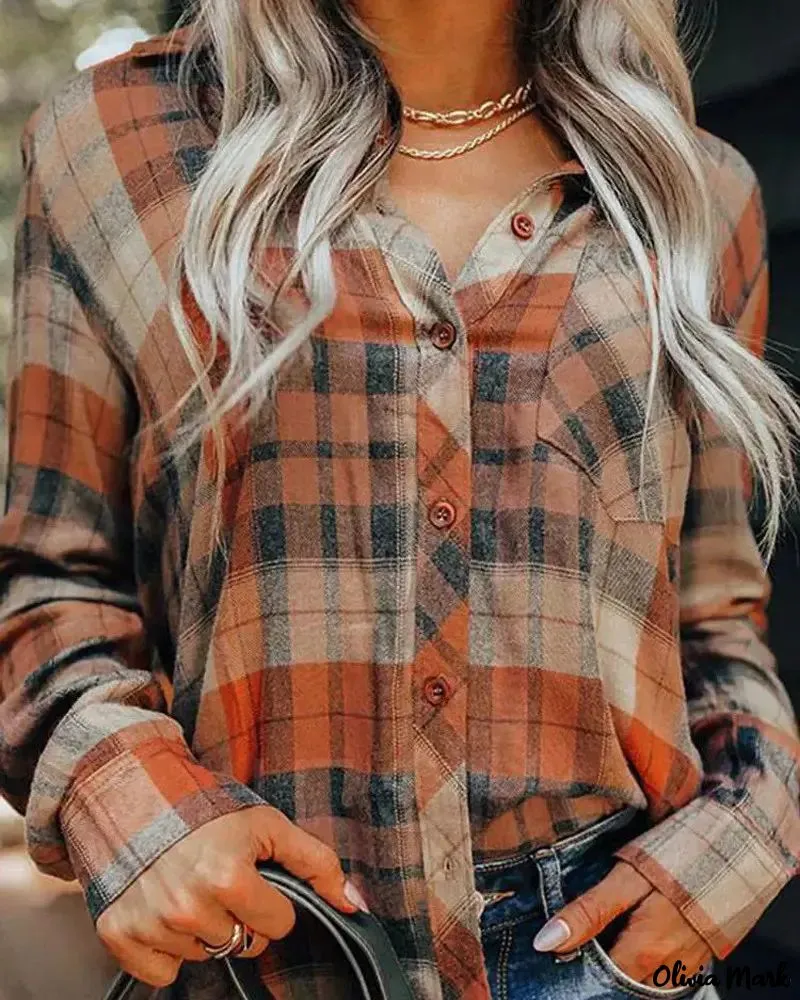 Xieyinshe - Plaid Print Long Sleeve Button-Up Shirt