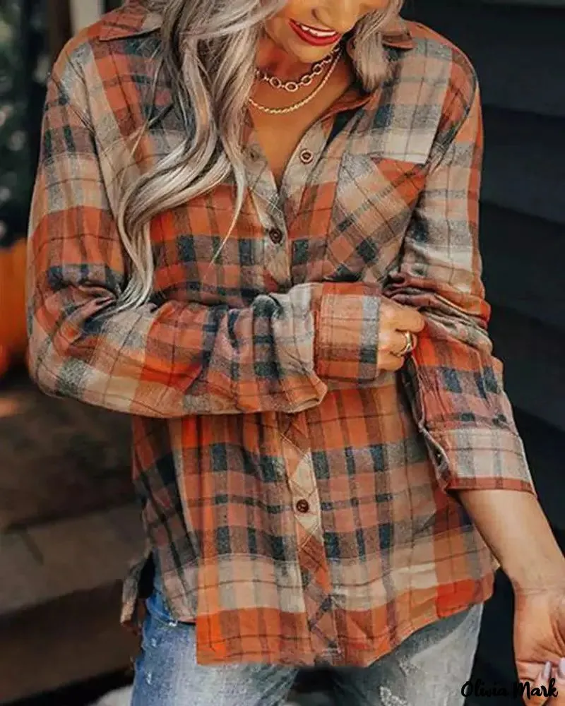 Xieyinshe - Plaid Print Long Sleeve Button-Up Shirt