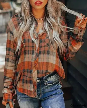 Xieyinshe - Plaid Print Long Sleeve Button-Up Shirt