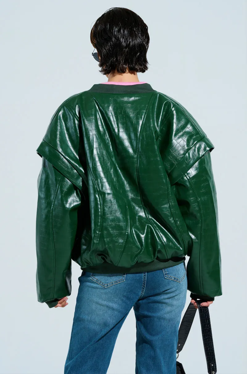 YOKON EMBOSSED FAUX LEATHER BOMBER