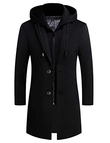 zeetoo Men's Wool Trench Coat Winter Slim Fit Wool Jacket Long Peacoat Hooded Overcoat Plus Cotton Medium