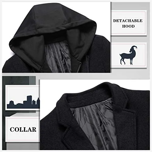 zeetoo Men's Wool Trench Coat Winter Slim Fit Wool Jacket Long Peacoat Hooded Overcoat Plus Cotton Medium