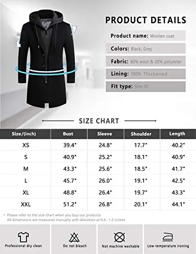 zeetoo Men's Wool Trench Coat Winter Slim Fit Wool Jacket Long Peacoat Hooded Overcoat Plus Cotton Medium