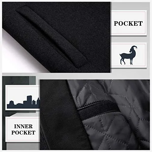 zeetoo Men's Wool Trench Coat Winter Slim Fit Wool Jacket Long Peacoat Hooded Overcoat Plus Cotton Medium