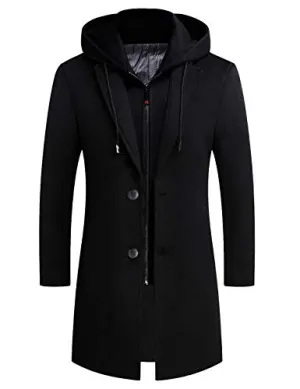 zeetoo Men's Wool Trench Coat Winter Slim Fit Wool Jacket Long Peacoat Hooded Overcoat Plus Cotton Medium