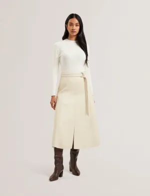Zimi Faux Leather A Line Belted Midi Skirt Ecru